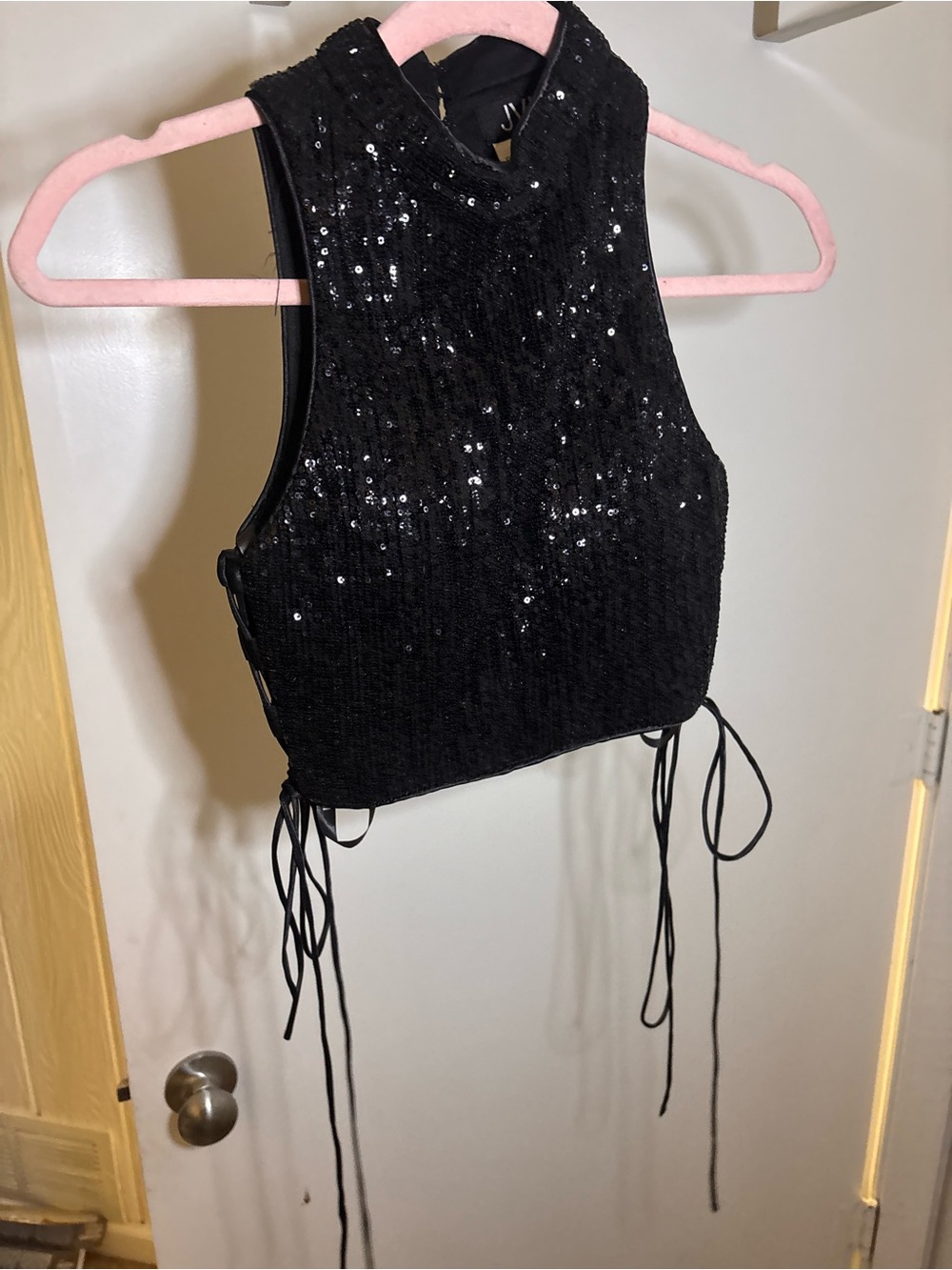 Sexy JVN Black Sequin Lace-Up Crop Top